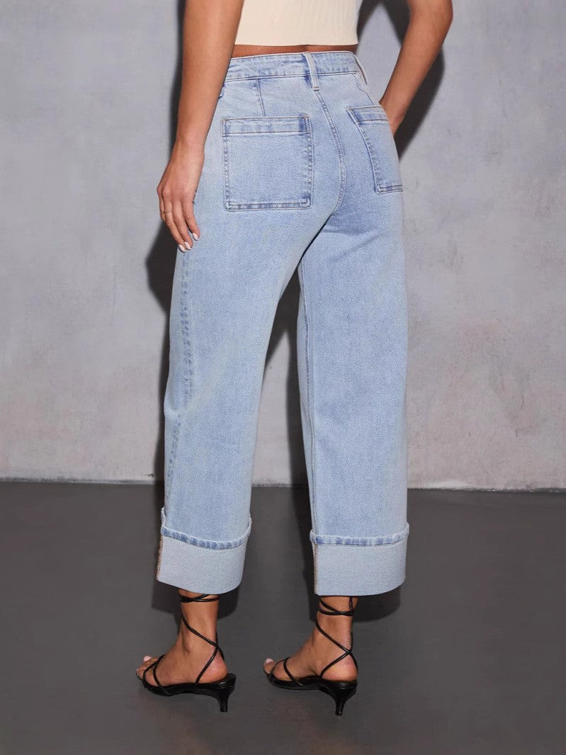 Damen Boyfriend Jeans mit lässigem Umschlagbund und hohen Taschen EB