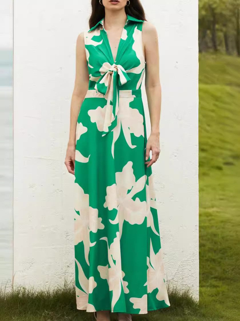 Damen Maxikleid mit dekorativem Bindegürtel und modischem Kragen EB