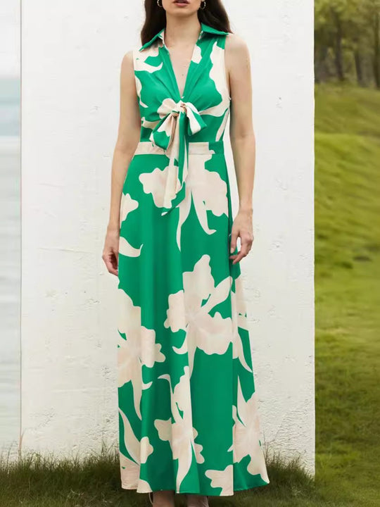 Damen Maxikleid mit dekorativem Bindegürtel und modischem Kragen EB