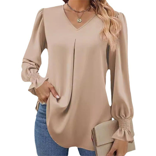 Damen fließende V-Ausschnitt Bluse mit eleganten Puffärmeln EB