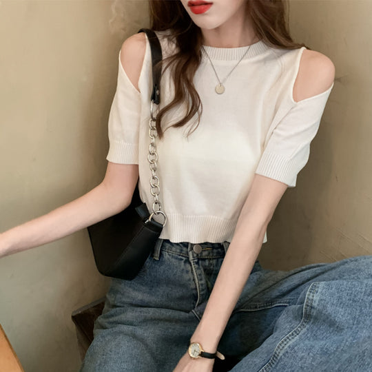 Damen Cropped Top mit schulterfreiem Design und modernem Strickmuster EB