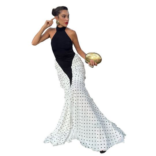 Damen elegantes langärmliges Kleid mit hochgeschlossenem Design und grafischem Punkte-Muster EB