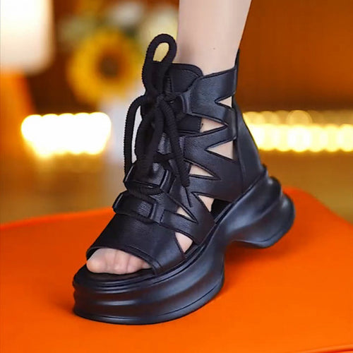 Damen Moderne Plateau-Sandalen mit dekorativem Schnürdetails und atmungsaktivem Design EB