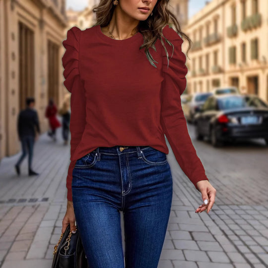 Damen Langarmshirt mit gestuften Raffungen an den Schultern und tailliertem Schnitt EB