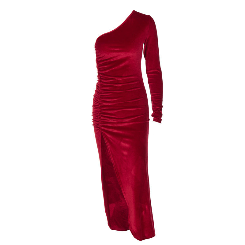 Damen stilvolles Ein-Schulter-Kleid mit Raffungen und Schlitz EB