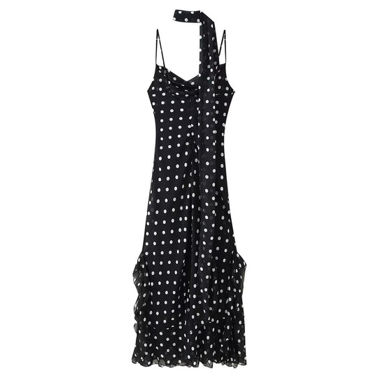 Damen Sommerkleid mit verspieltem Punkten Design und raffiniertem Rüschensaum EB