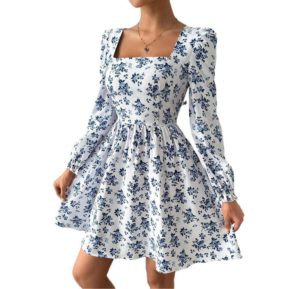 Damen florales Minikleid mit quadratischem Ausschnitt tailliertem Schößchen und langen Puffärmeln Eichborn Berlin