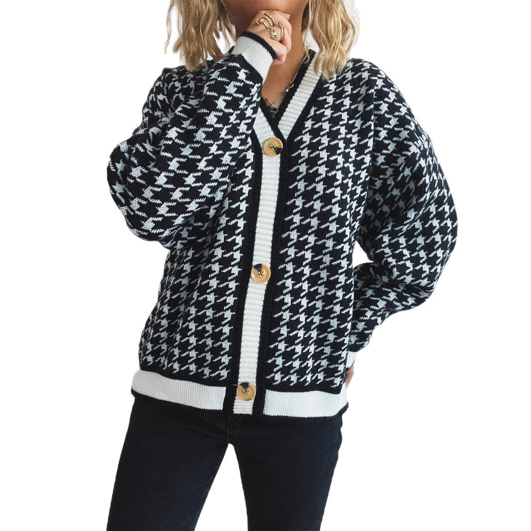 Damen lässiger Strickcardigan mit modischem Hahnentritt-Muster und Holzknöpfen EB