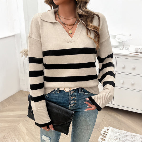Damen nan lässiger V‑Ausschnitt Strickpullover mit Polokragen, gerippten Ärmelsäumen und markanten Blockstreifen EB