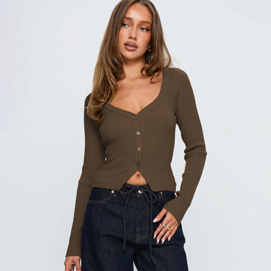 Damen Elegantes Ripp-Cardigan mit V-Ausschnitt und Knopfleiste EB