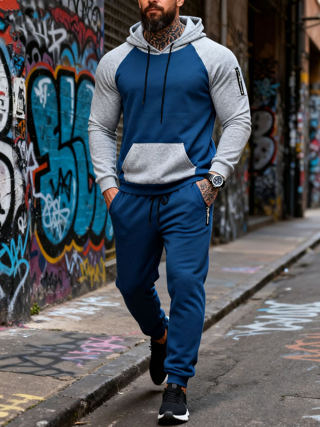 Herren nan zweiteiliges Kapuzen-Sweatset mit Raglanärmeln, Ärmel-Zip-Tasche und tapered Jogginghose EB