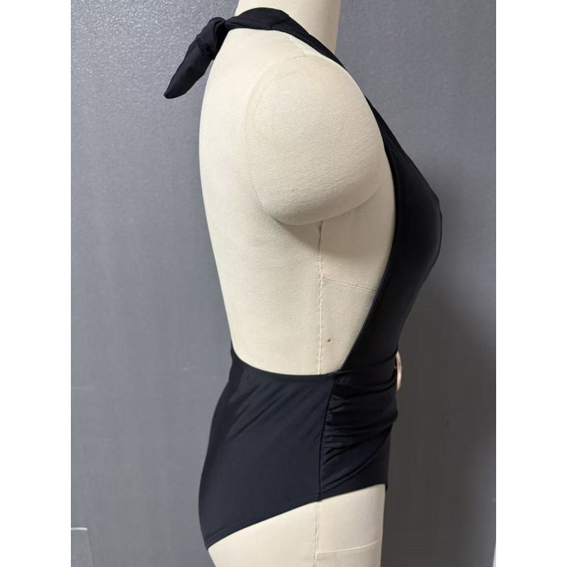 Damen Einteiler Badeanzug mit tiefem V-Ausschnitt und eleganter Gürtel-Applikation EB