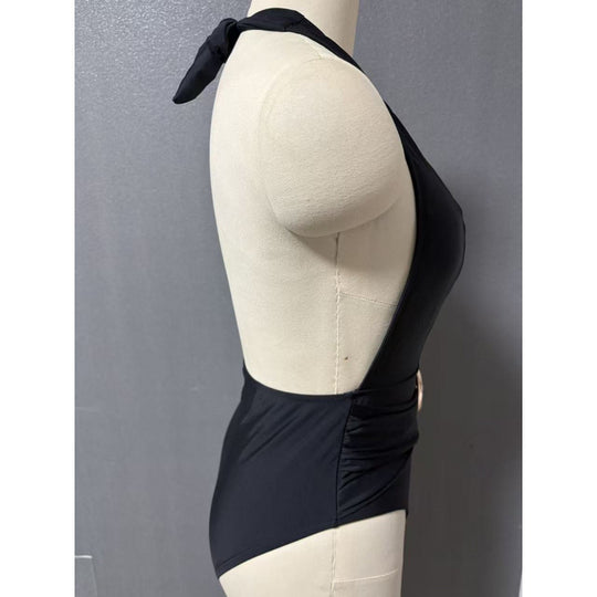 Damen Einteiler Badeanzug mit tiefem V-Ausschnitt und eleganter Gürtel-Applikation EB