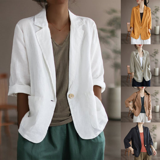 Damen Lässiger Leinenblazer mit breiten Ärmeln und Knopfverschluss EB