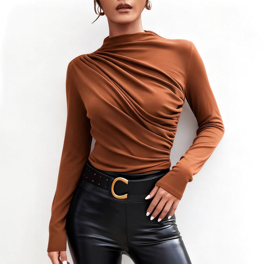 Damen elegantes Langarmshirt mit luxuriösem Drapierungsdesign und schickem Stehkragen EB