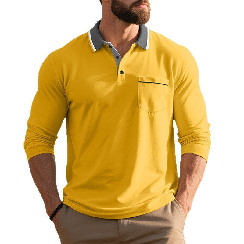 Herren nan langärmeliges Polohemd mit Kontrastkragen, Brusttasche und feinem Baumwollstretch EB