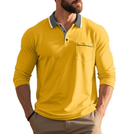 Herren nan langärmeliges Polohemd mit Kontrastkragen, Brusttasche und feinem Baumwollstretch EB