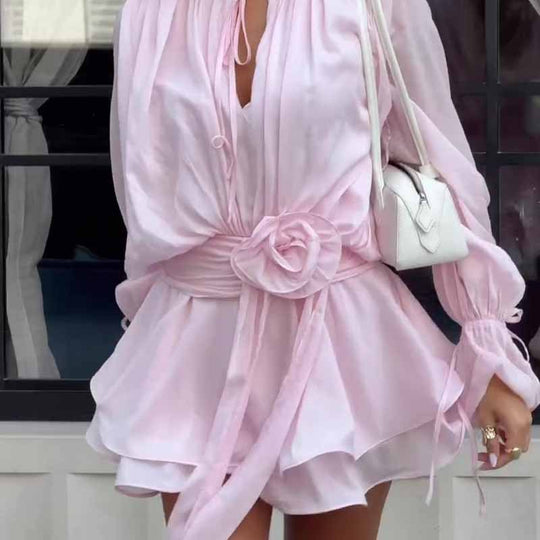Damen Minikleid mit voluminösen Ärmeln und charmantem Taillengürtel EB