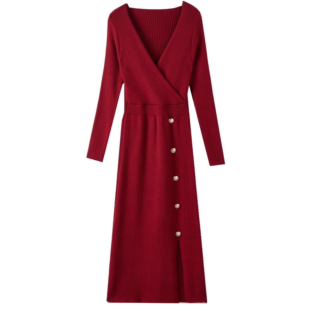 Damen Strickkleid mit Wickeloptik und Knopfdetails EB