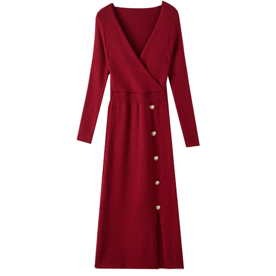Damen Strickkleid mit Wickeloptik und Knopfdetails EB