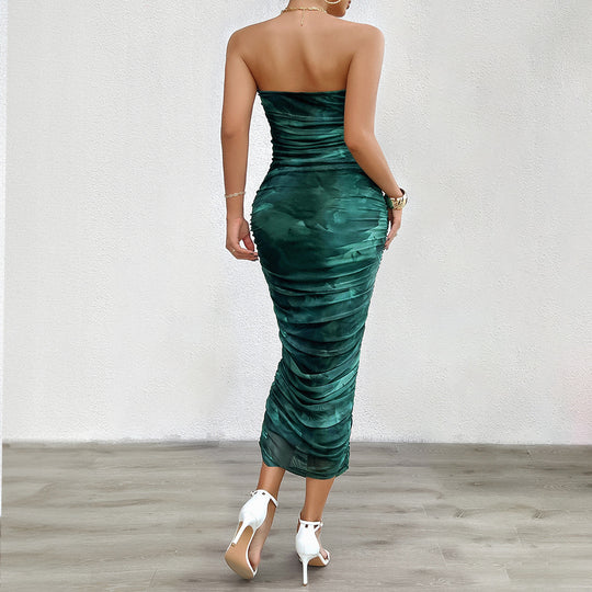Damen Bodycon Maxikleid mit Rüschen und strapless Design EB