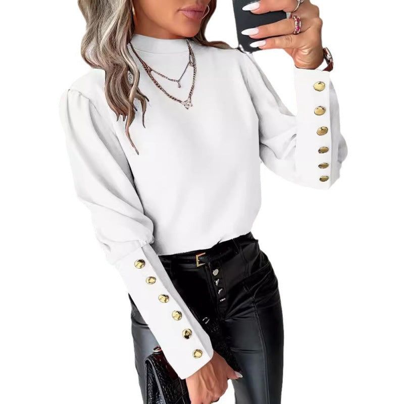Damen elegante Bluse mit Puffärmeln und goldenen Knopfdetails EB