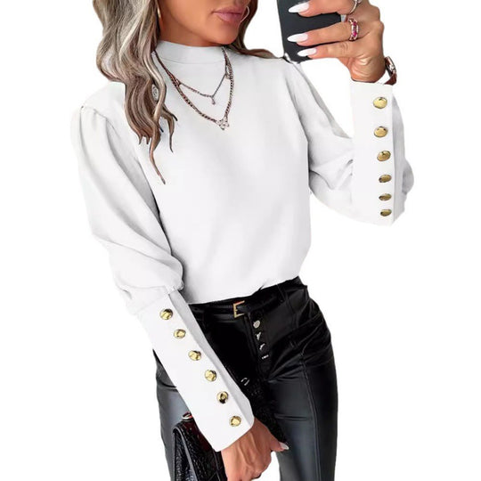 Damen elegante Bluse mit Puffärmeln und goldenen Knopfdetails EB