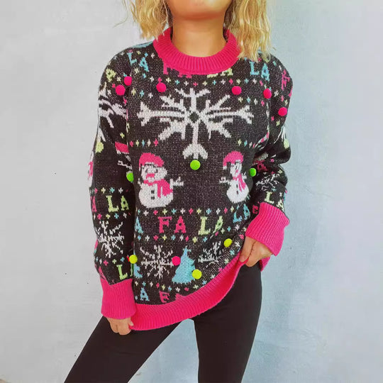 Damen weihnachtlicher Pullover mit bunten Applikationen und festlichem Design EB