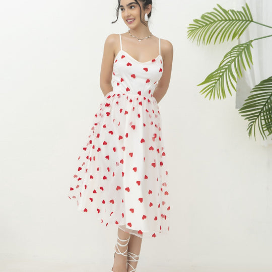 Damen romantisches A-Linien Kleid mit Herzmotiv und verstellbaren Trägern EB