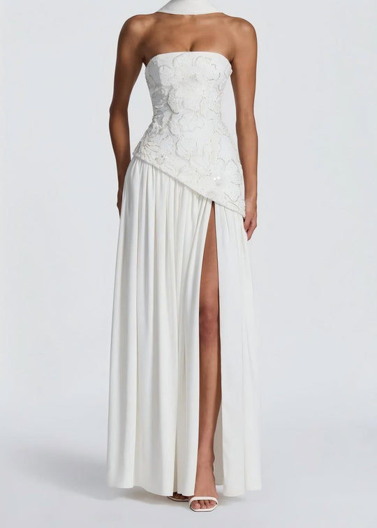 Damen Strapless Abendkleid mit seitlichem Schlitz und floralen Applikationen EB