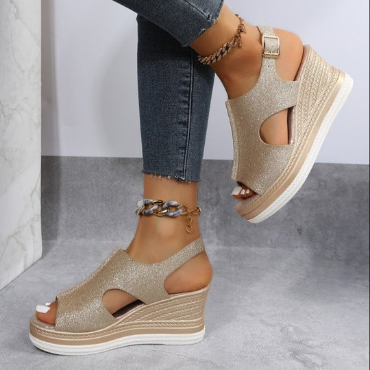 Damen Wedge-Sandalen mit glitzerndem Obermaterial und komfortablem Fußbett EB