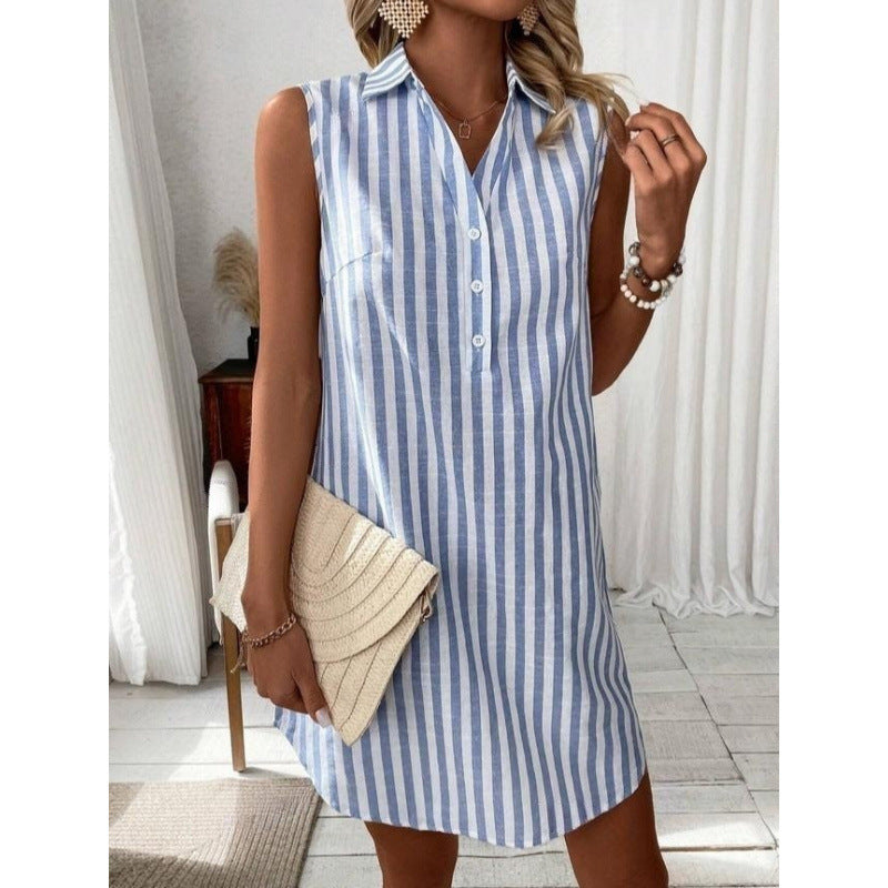 Damen lässiges Hemdkleid mit Knopfdetails und Streifenmuster EB