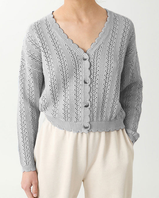 Damen Strickjacke mit filigranem Lochmuster und Wellenabschlüssen EB