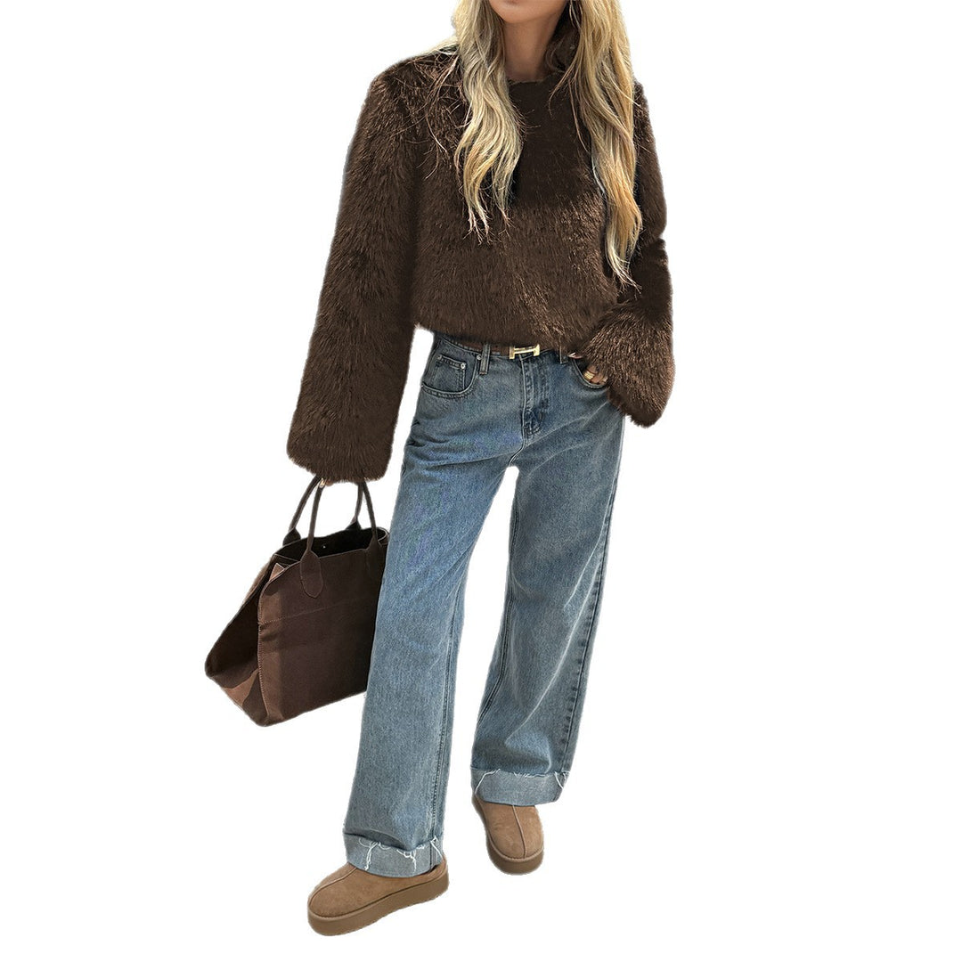 Damen nan kuscheliger Cropped-Faux-Fur-Pullover mit ausgestellten Ärmeln EB