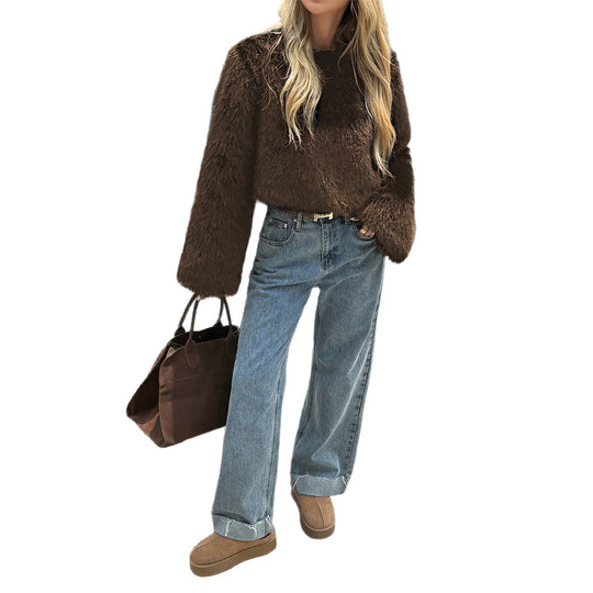 Damen nan kuscheliger Cropped-Faux-Fur-Pullover mit ausgestellten Ärmeln EB