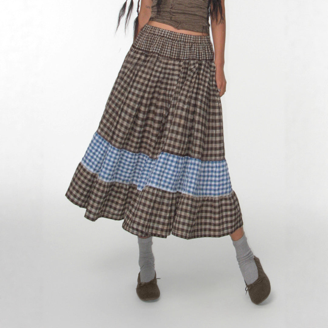 Damen nan mehrlagiger Baumwoll-Stufenrock mit elastischem Taillenbund, kontrastierendem Gingham-Band und Volant EB