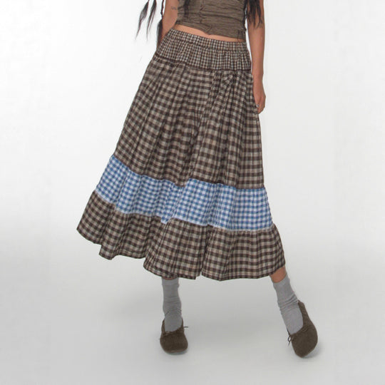 Damen nan mehrlagiger Baumwoll-Stufenrock mit elastischem Taillenbund, kontrastierendem Gingham-Band und Volant EB