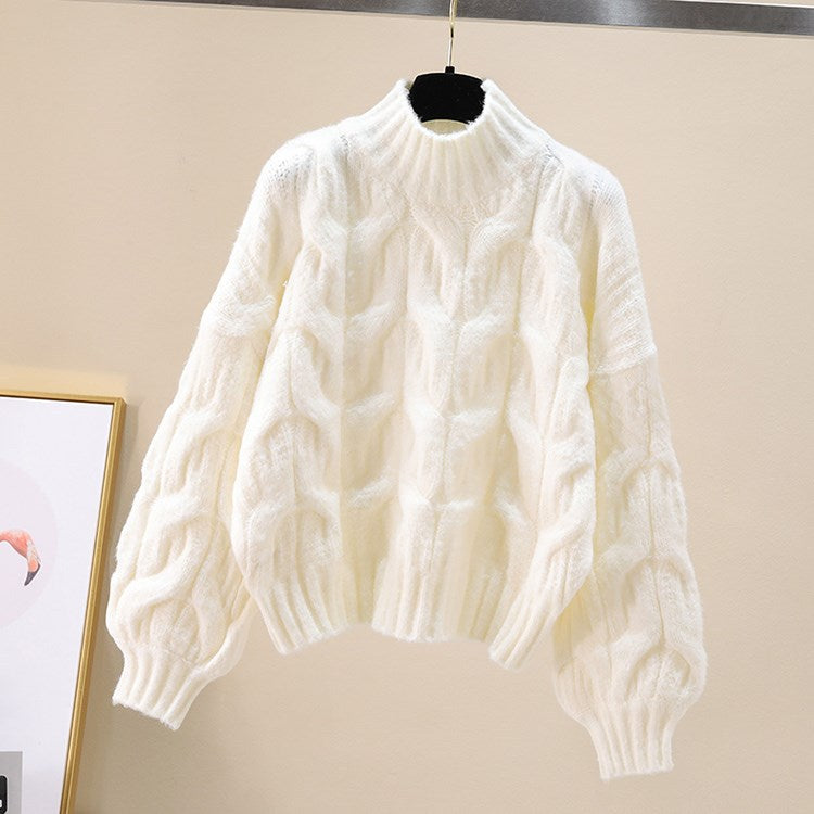 Damen kuscheliger Strickpullover mit voluminösen Ärmeln und Zopfmuster EB