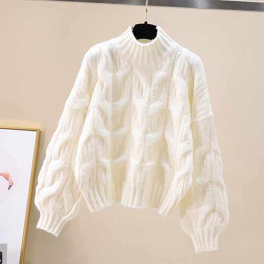 Damen kuscheliger Strickpullover mit voluminösen Ärmeln und Zopfmuster EB