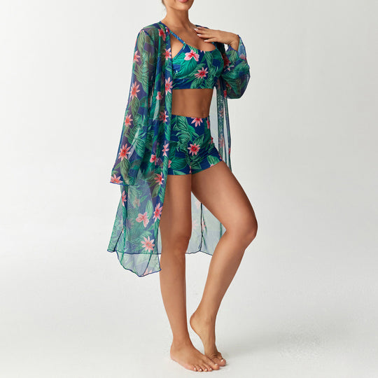 Damen Strandüberwurf mit floralem Design und hohem Schnitt EB