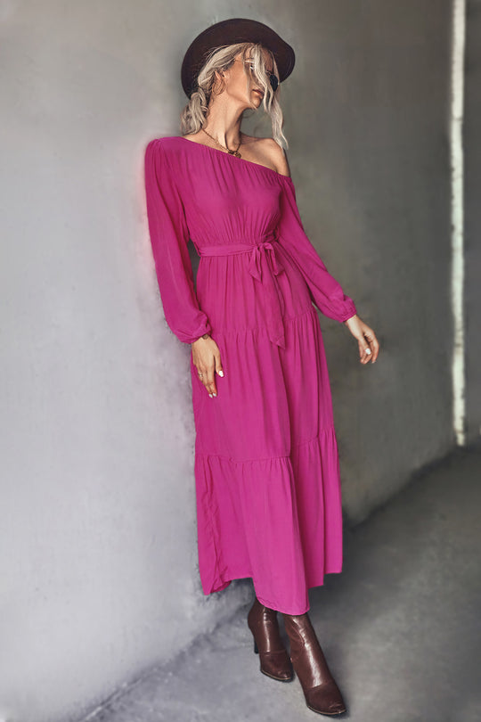 Damen Langarm Maxikleid mit asymmetrischem Schnitt und tailliertem Gürtel EB