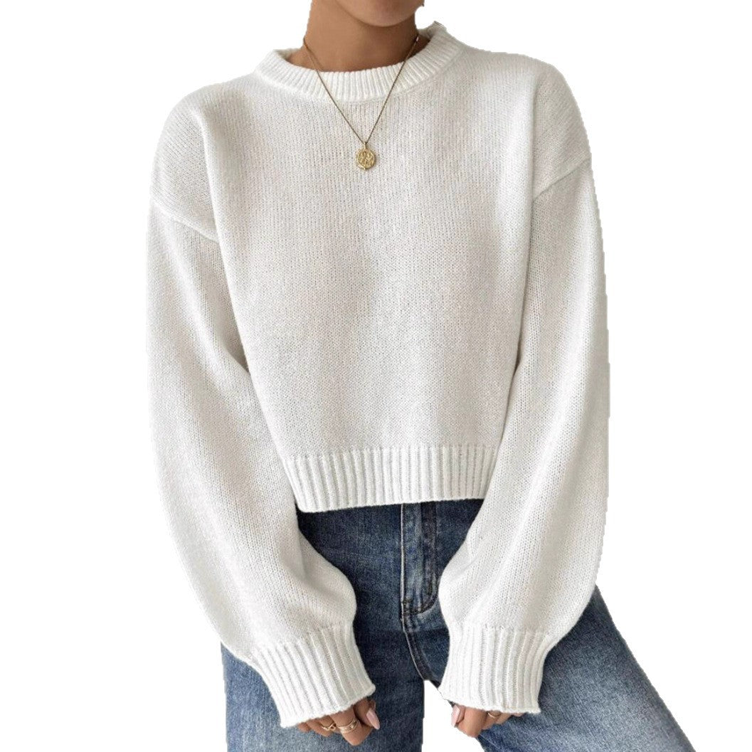 Damen Kurz-Cropped Pullover aus feinem Strick mit Ballonärmeln und geripptem Bund EB