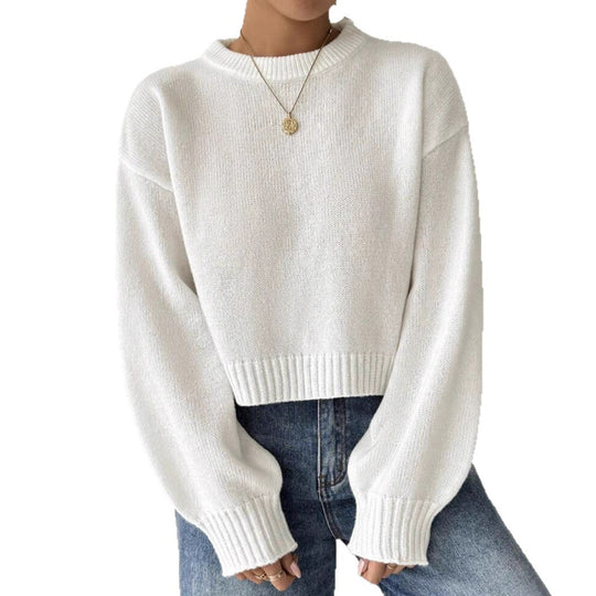 Damen Kurz-Cropped Pullover aus feinem Strick mit Ballonärmeln und geripptem Bund EB