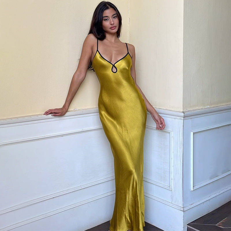 Damen Elegantes Satin-Maxikleid mit verstellbaren Spaghettiträgern und tiefem V-Ausschnitt EB