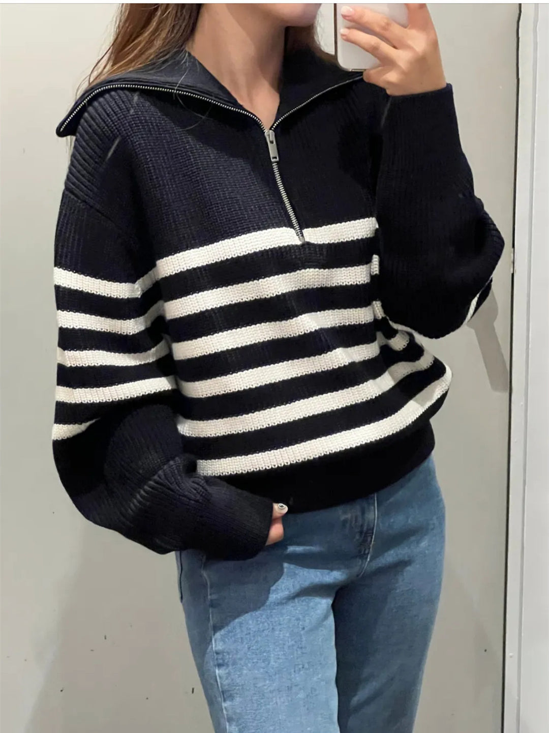 Damen Gestreifter Half‑Zip Strickpullover mit Matrosenkragen und überschnittener Schulter EB