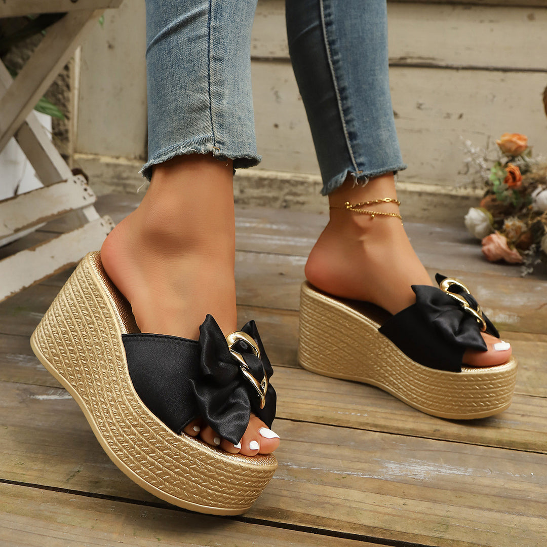 Damen Wedge-Pantoletten mit Glamourösen Schleifen und Goldakzenten EB