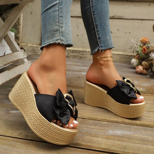 Damen Wedge-Pantoletten mit Glamourösen Schleifen und Goldakzenten EB
