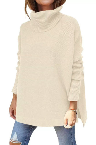 Damen Strickpullover mit hohem Kragen und seitlichen Schlitzen EB