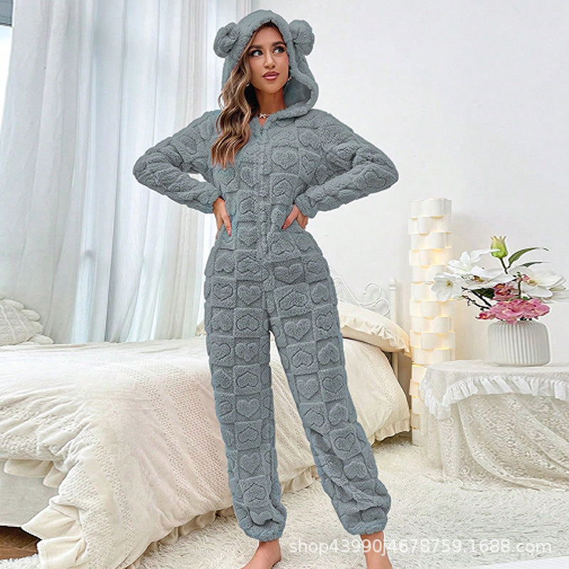 Damen Gemütlicher Fleece-Overall mit Kapuze EB