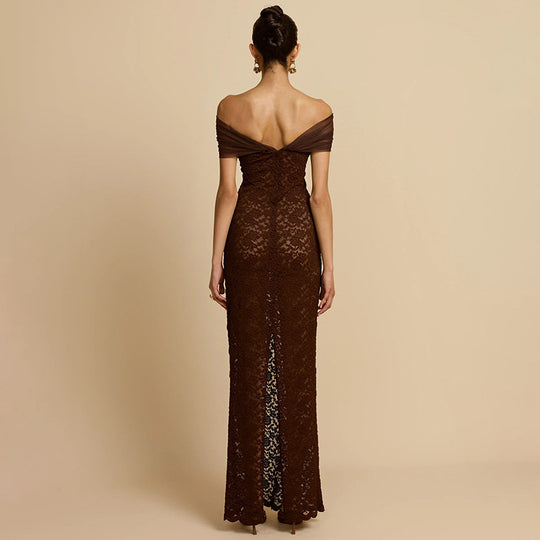Damen Elegantes Spitzenabendkleid mit schulterfreiem Design und raffiniertem Schlitz EB
